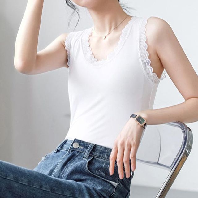 VIVA-NG243 V넥 레이스 레이어드 나시티 - 여성스러운 레이어드 스타일