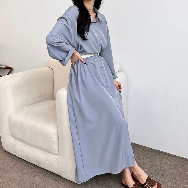 카라 루즈핏 기본 무지 데일리 편안한 셔츠 롱 원피스 - 베이직 데일리룩 완성