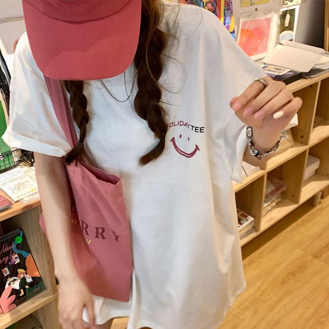 스마일 로고 여성 박스 티셔츠 오버핏 면티 캐주얼룩
