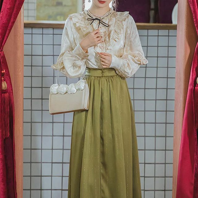 소프트 레이스 긴팔 블라우스 그린 트임