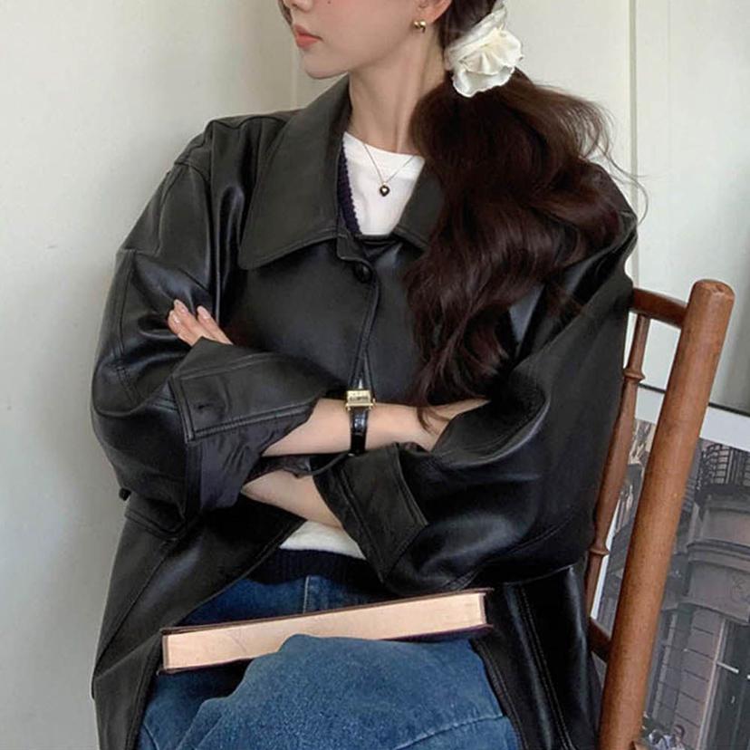 여성 오버핏 라이더 자켓 가죽 재킷 루즈 바이크 룩