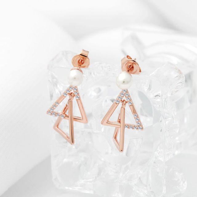 14K 금침 큐빅 진주 더블트라이 귀걸이