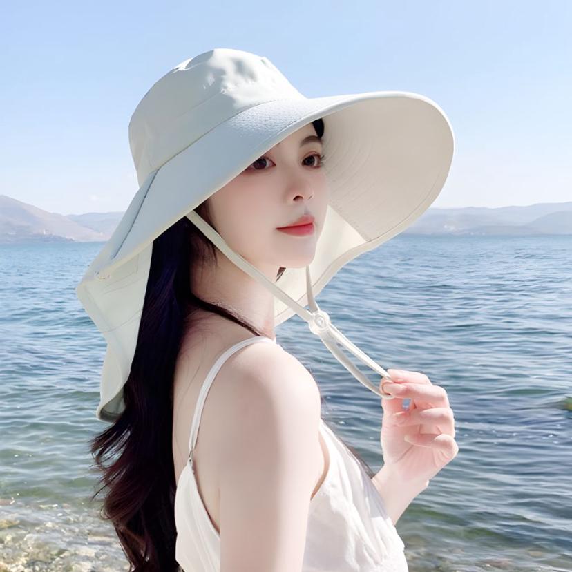 자외선 차단 롱 버킷햇 - 여름 여성 벙거지 모자