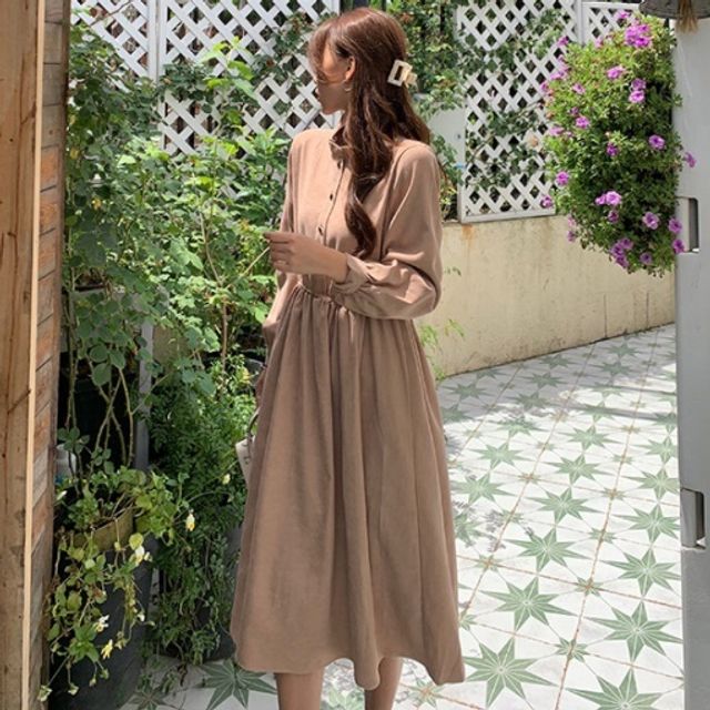 청순룩 코듀로이 프릴 원피스 롱원피스 A라인 - 여성스러운 일상룩