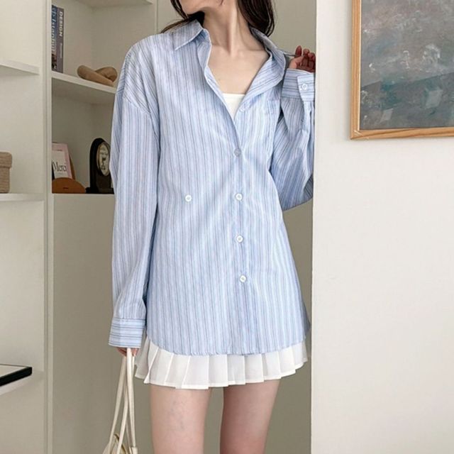 데일리 여성 루즈핏 긴팔 셔츠 여자 스트라이프 남방 셔츠