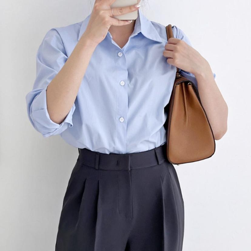 여성 하늘색 긴팔 셔츠 청남방 | 봄 가을 직장인 오피스룩