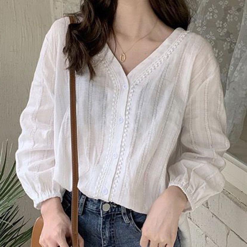 브이넥 소매밴딩 레이스 셔링 블라우스 직장인 코디
