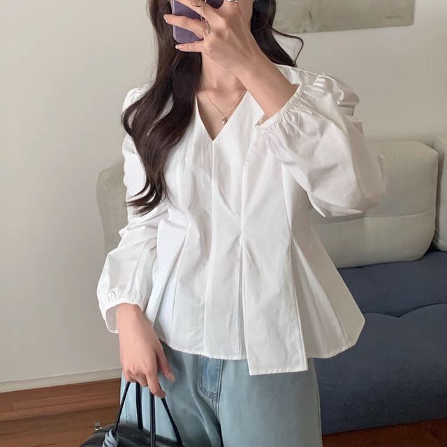 데이트룩 하객룩 모임룩 브이넥 퍼프 블라우스 2컬러
