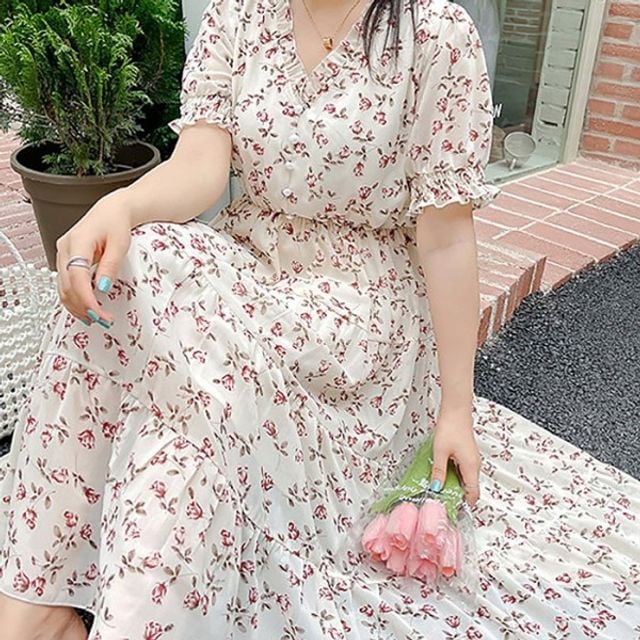빅사이즈 캉캉치마 로즈쉬폰 원피스 - 꽃무늬 디자인