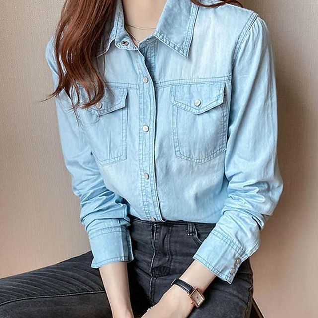여성데님셔츠 청남방블라우스 봄여름가을 얇은 진연청 여자데님셔츠