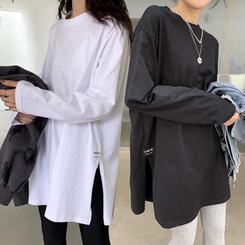 옆절개 무지 라운드 긴팔 티셔츠 - 루즈핏 데일리룩