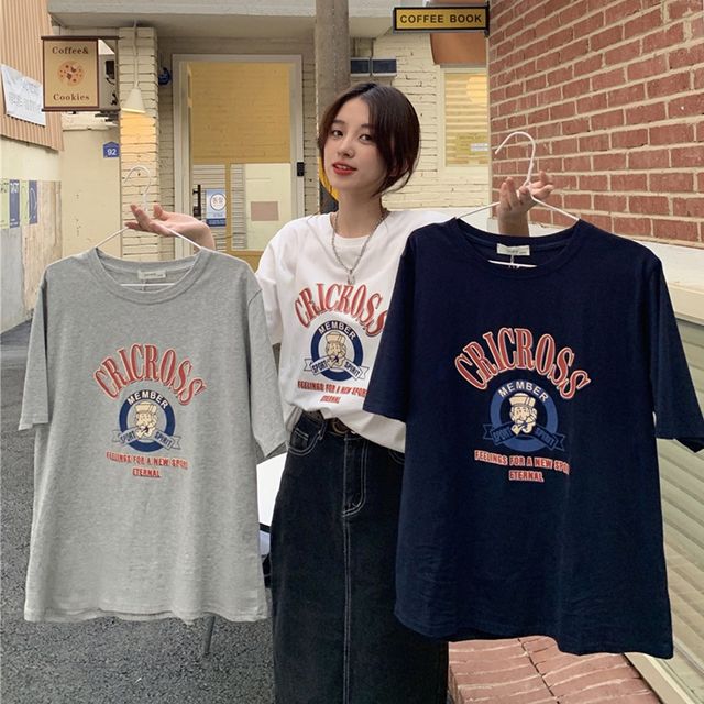여자 반팔티셔츠 여성티셔츠 반팔티 여성 네이비 그래픽 오버핏 루즈핏 여자반팔