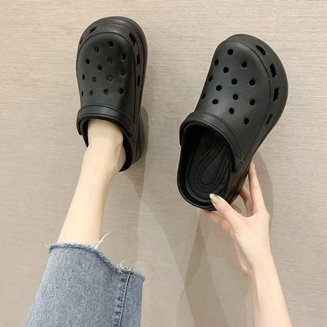 여성 키높이 통굽 뮬 슬리퍼 고무 통풍 방수 여름 휴양지 신발