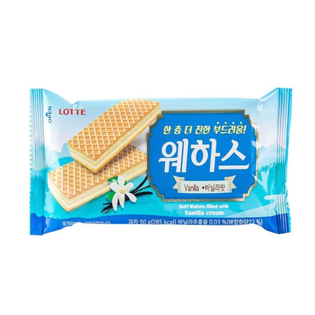 롯데 웨하스 바닐라맛 50g - 부드러운 웨하스와 달콤한 바닐라 크림