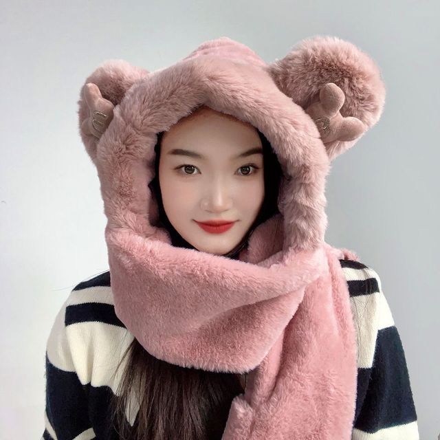 큐티베어 일체형 후드 머플러 모자목도리 겨울