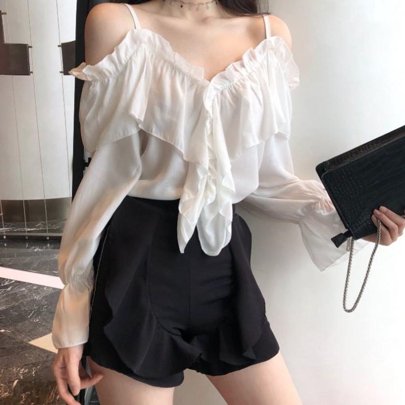 브이넥 프릴 센터프릴 오프숄더 블라우스 2컬러