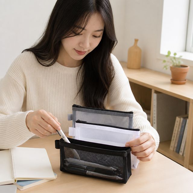 블랙 메쉬 필통 투명 파우치 학용품 수납 케이스 정리함 펜케이스