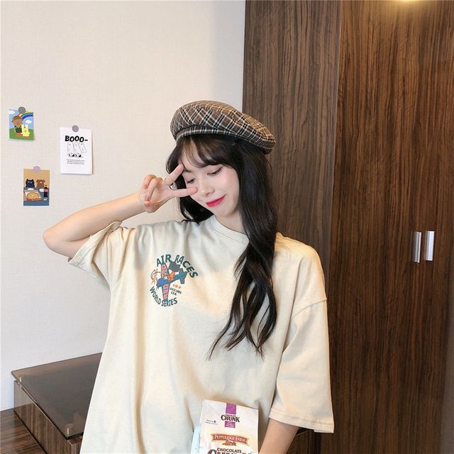 레트로 캐릭터 프린트 반팔 티셔츠 여성 오버핏 루즈핏 감성 데일리 캐주얼티