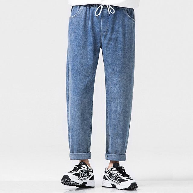 남자 데일리 캐주얼 허리 밴딩 롤업 9부 청바지 편안한 fit