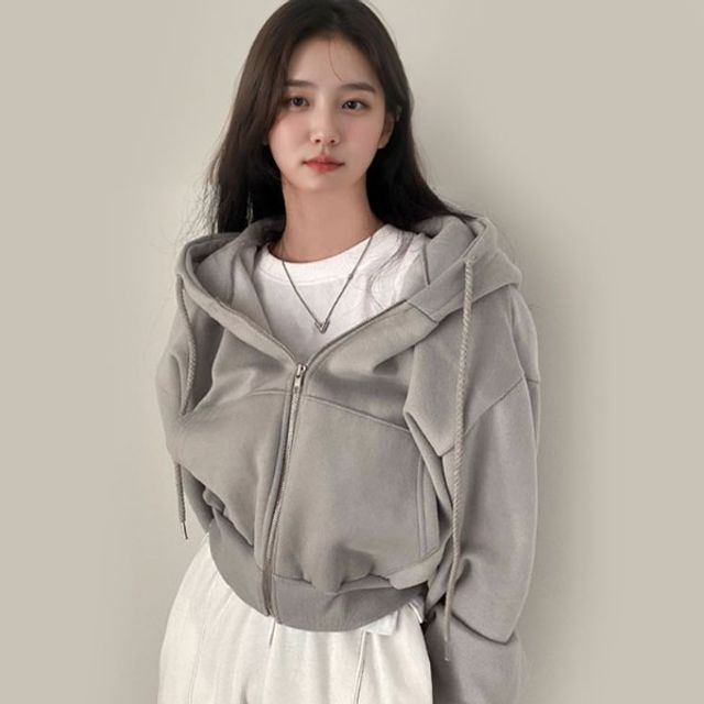 크롭 스타일 집업 주머니 후드 재킷 - 피치기모 여성 점퍼