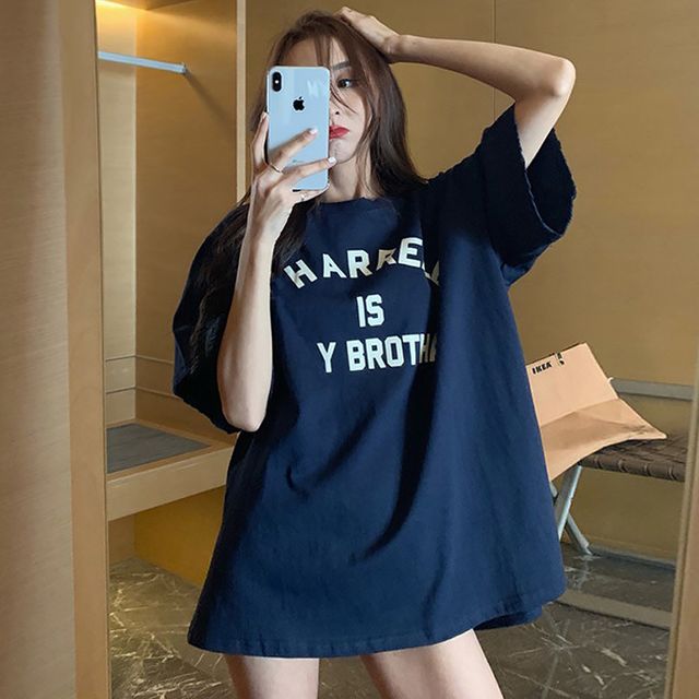 여성 오버핏 레터링 디스트로이드 라운드넥 반팔티