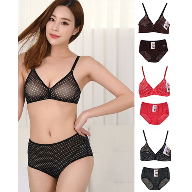 홑겹 도트 망사 노와이어 여성 브라팬티 세트 0675ae