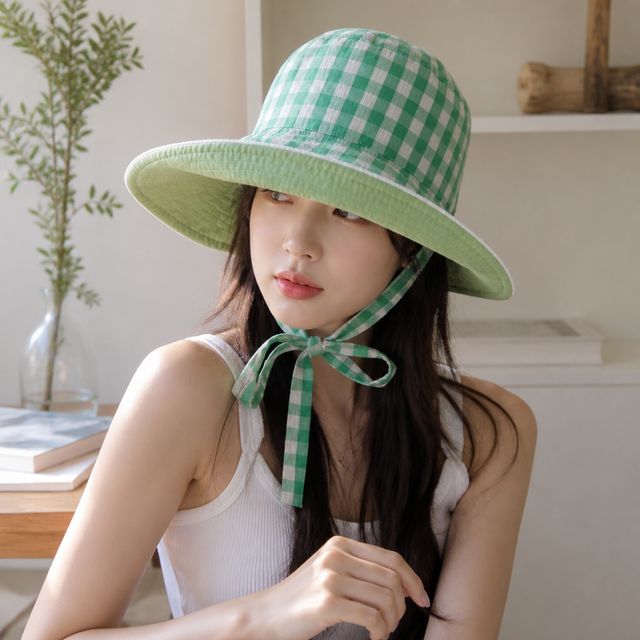 여성 와이드 챙 격자 체크 선캡 양면 면모자 여름 자외선차단 비치 모자 휴가 썬캡