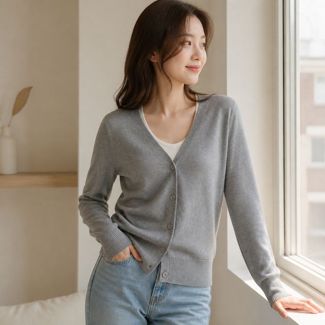 여성 브이넥 니트 가디건 4컬러 긴팔 간절기 룩 데일리룩 이너웨어 레이어드룩