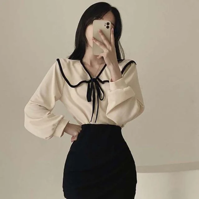 블라우스 여자 빅 넓은 카라 리본 매듭 러블리 긴팔