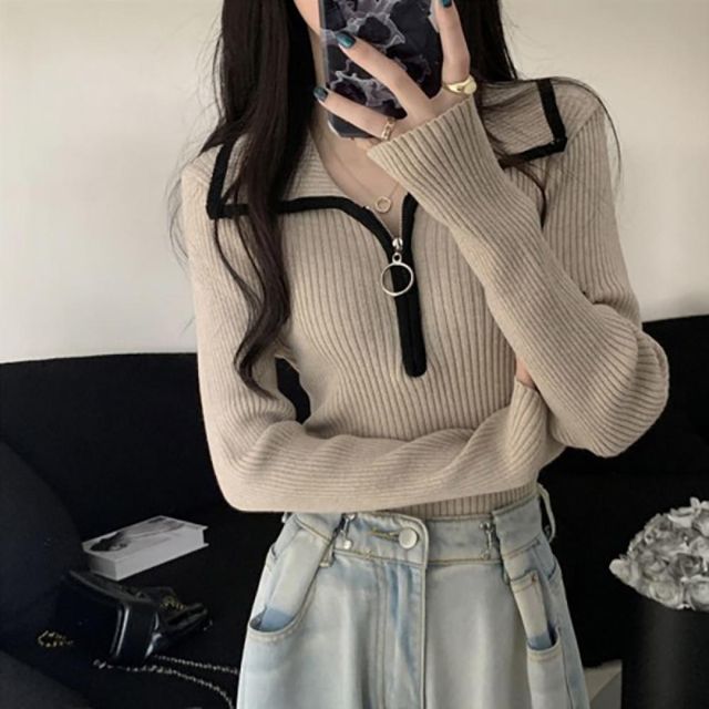 긴팔 상의 니트 근무복 반집업 카라넥 겨울 여성티셔츠 데일리 카라티