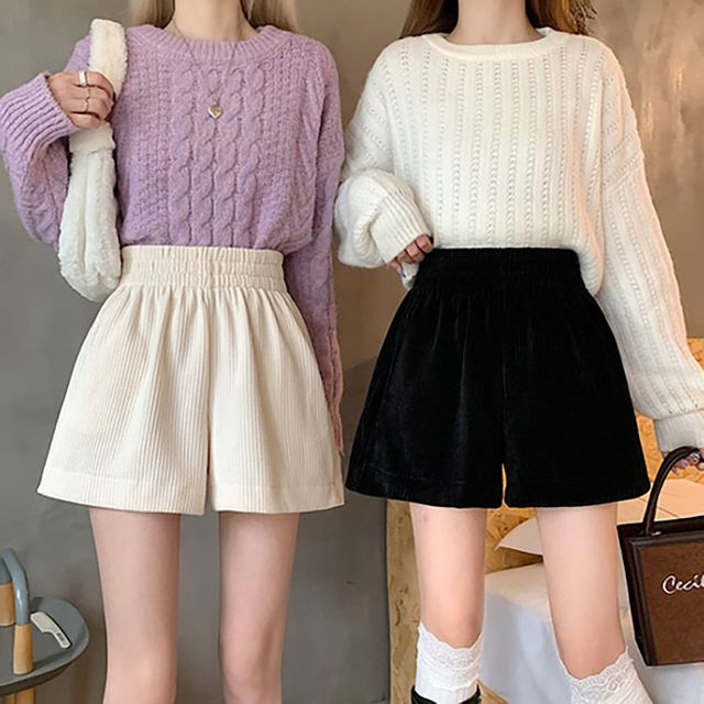여자 캐주얼 베이직 데일리 코듀로이 밴딩 반바지