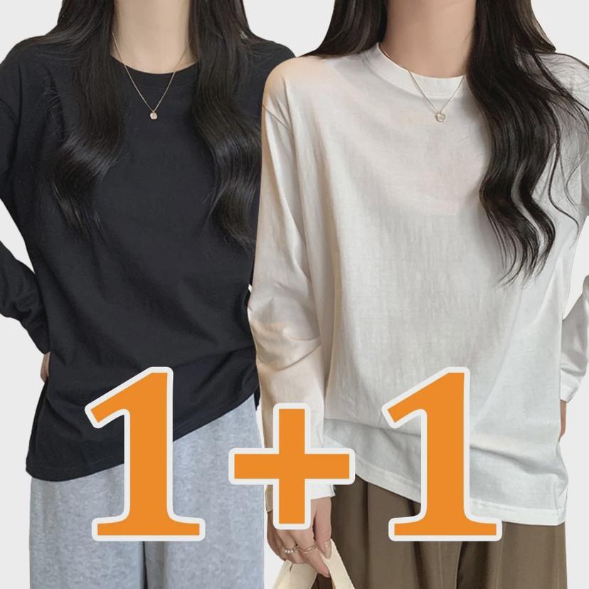 여성 라운드 무지 긴팔 티셔츠 1+1 - 기본 롱 티셔츠