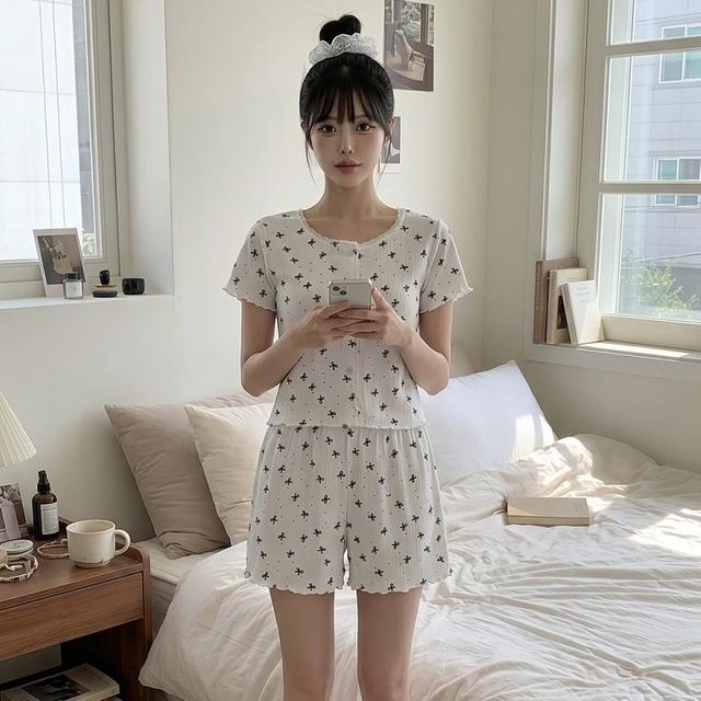 반팔 세트 소녀 감성 반바지 벨레리본 잠옷 홈웨어 프릴