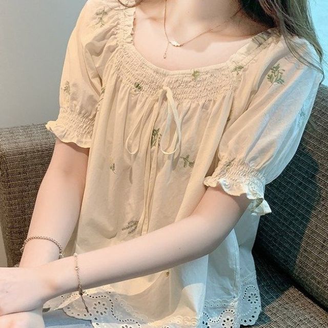 꽃무늬 반팔 티셔츠 여성 여름 자수 얇은 셔츠