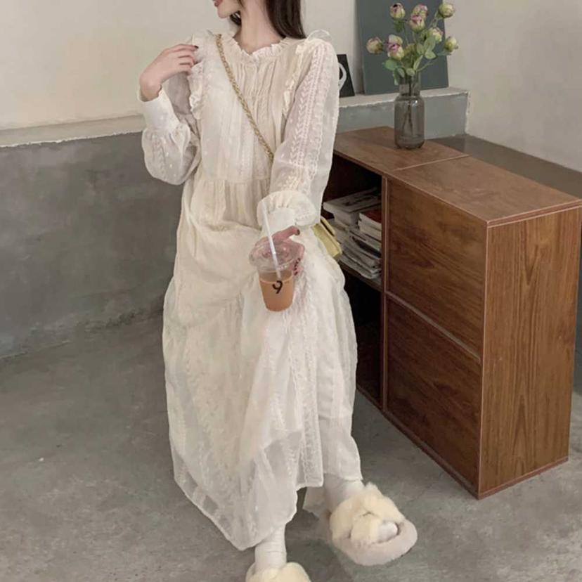여성 밍크 안감 레이스 롱 원피스 프릴 A라인 원피스