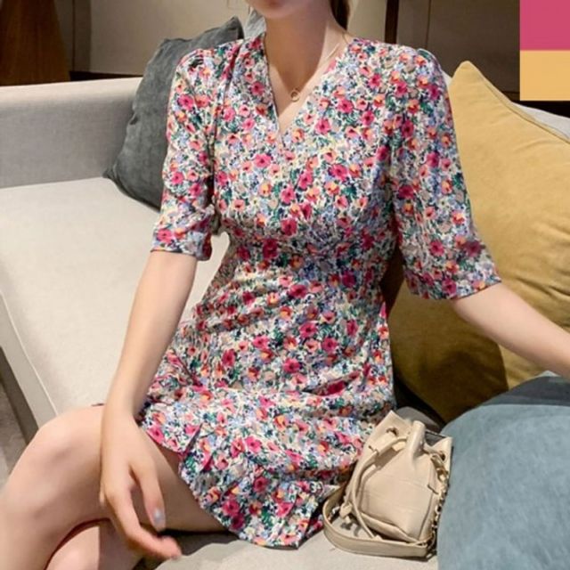 플라워 프릴 쉬폰 미니원피스 하객룩 추천