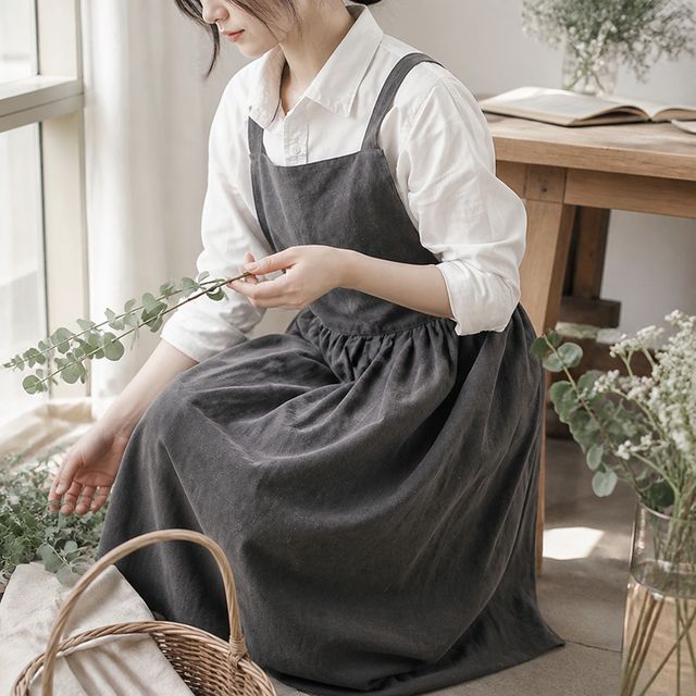 린넨 원피스 앞치마 내추럴 에이프런 긴기장 주방용품