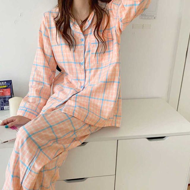 여자 신혼 부부 홈 웨어 잠옷 체크 긴팔 파자마 세트