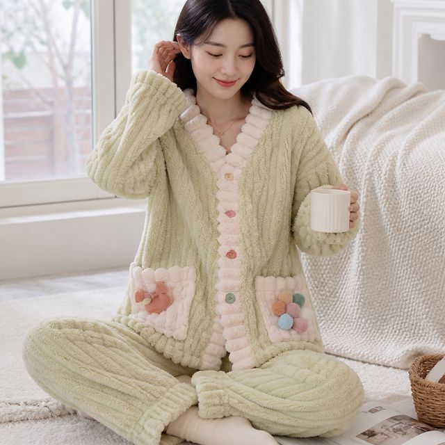 여성 수면잠옷 플라워 웨이브 극세사 파자마 홈웨어 겨울 잠옷 상하복