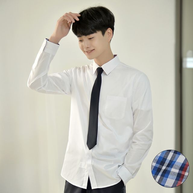 교복몰 빅사이즈 남성 화이트 셔츠 파랑체크 교복