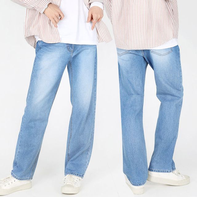 남성 중청색 빅사이즈 와이드핏 캐주얼 데일리 청바지 - 편안한 트레이닝룩