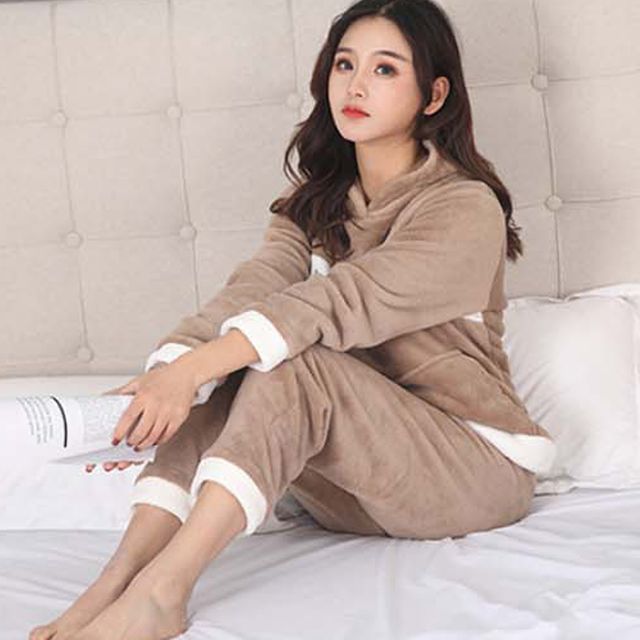 수면바지 극세사 후드잠옷 세트 여성용 홈웨어 파자마