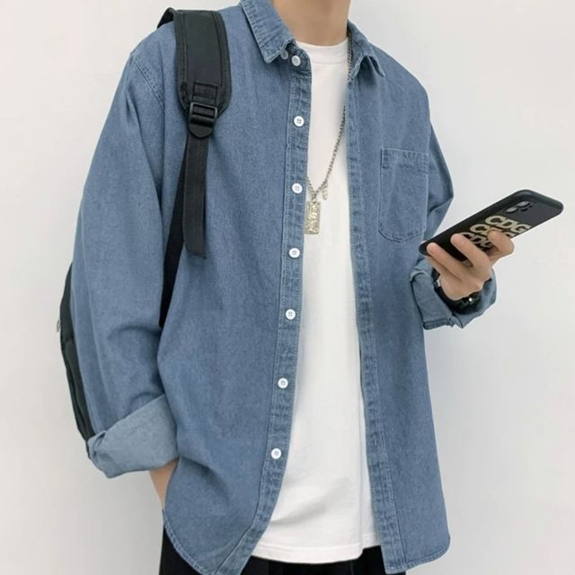 청남방 데님셔츠 루즈핏 오버핏 긴팔 여유핏 캐주얼셔츠 남성 블루남방