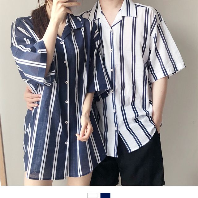 캐주얼 네이비줄지 루즈핏 반팔 셔츠