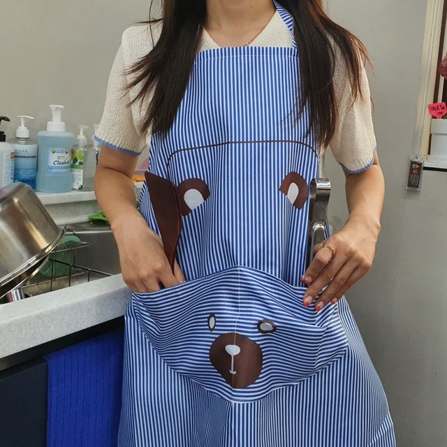 포켓형 귀여운 곰돌이 앞치마 블루