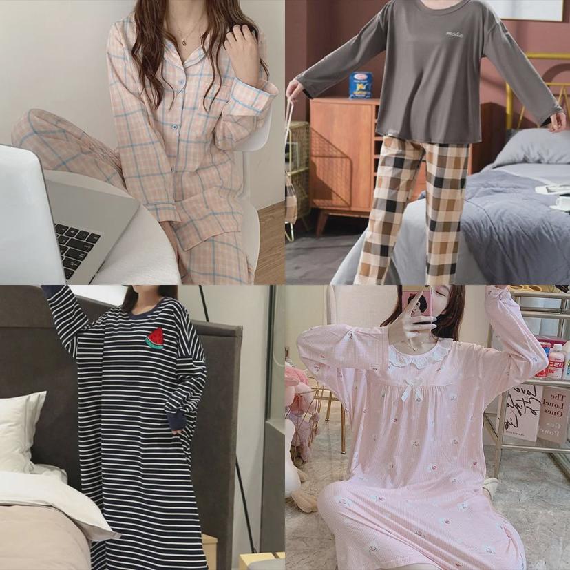 여성 봄 가을 긴팔 카라 잠옷 상하의 세트 원피스 겸용