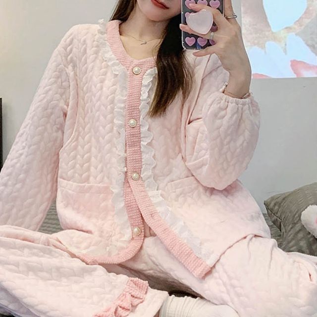 프릴파자마 퀼팅잠옷 여름잠옷 여성 긴팔 파자마 파티 홈웨어 생일선물