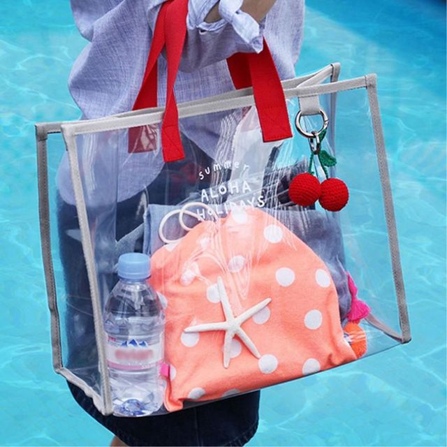 물놀이 투명 비치백 37x25x15cm 그레이+레드