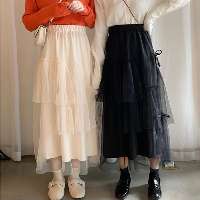 3단 레이스가 발레코어 리본 장식 롱 샤스커트 치마