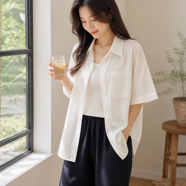여성 루즈핏 내추럴 반팔 블라우스 셔츠 여름 데일리룩 바캉스 상의 남방